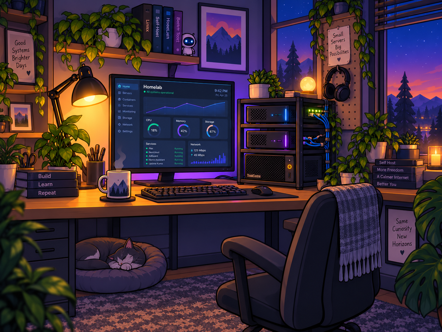 A cozy illustrated homelab room with warm desk lamps, plants, three small servers, and an indigo evening sky.